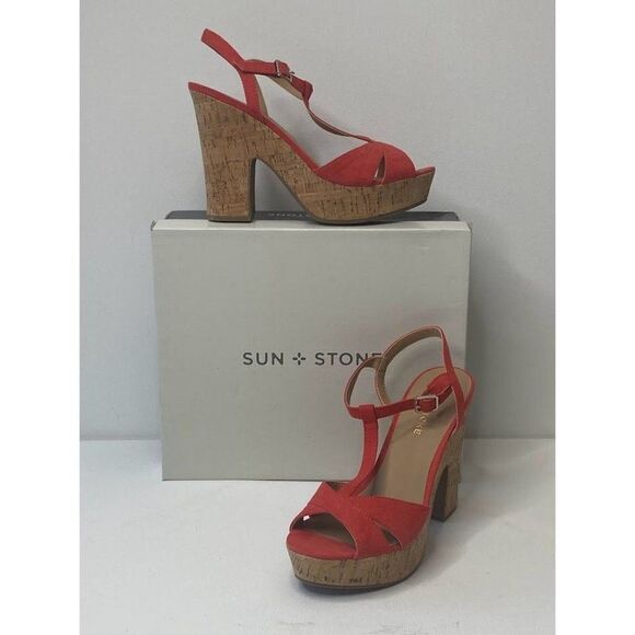 Sun + Stone Platform Dress‎ Cork Sandal 8.5 Coral Women's Adjustable Cushioned - Picture 4 of 9